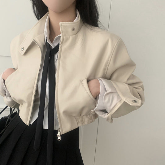 French retro design biker leather jacket for women with zip, stand collar, elastic waist and short cut