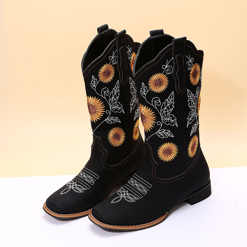 Women's Cowboy Boots - Embroidered Western Boots with Sunflower Design