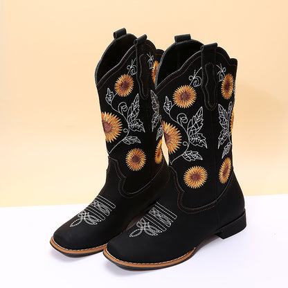 Women's Cowboy Boots - Embroidered Western Boots with Sunflower Design