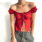 All-Match Short Sleeve Puff Sleeve Shirt with Tie Detail for Women - Street Hipster Style
