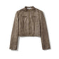 Retro short jacket for women with a narrow stand-up collar made of faux suede