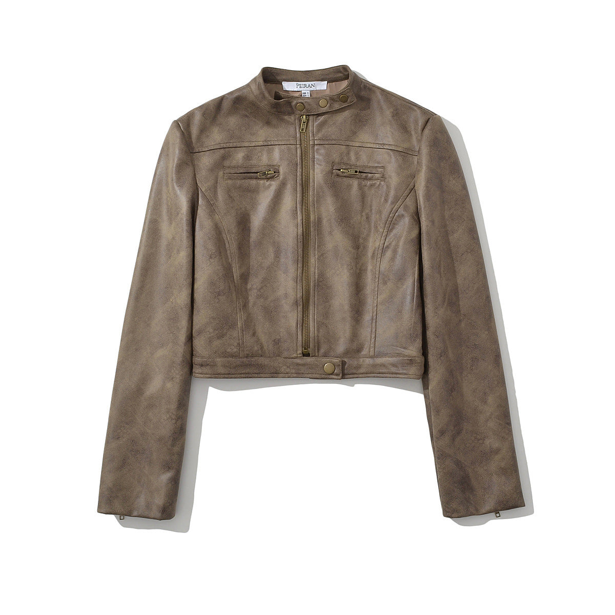 Retro short jacket for women with a narrow stand-up collar made of faux suede