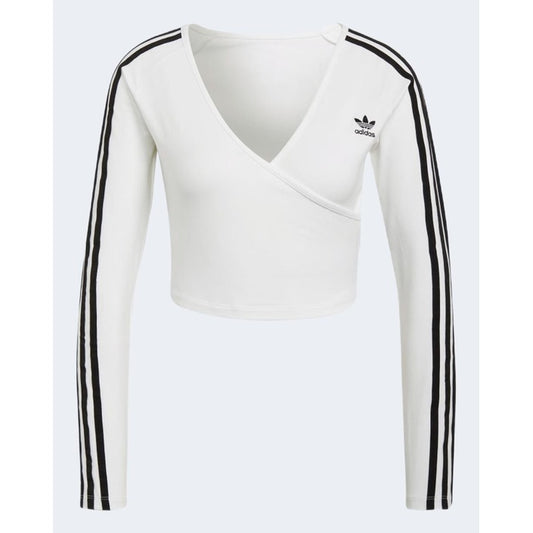 Adidas T-Shirt Damen V-Ausschnitt Langarm Weiß Baumwolle